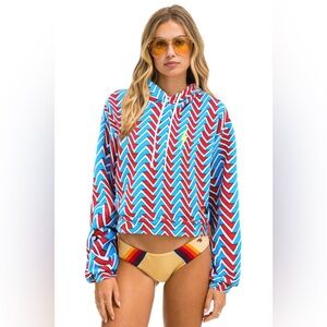 Aviator nation GEO ZIG BOLT  RELAXED CROPPED PULLOVER HOODIE blue red small